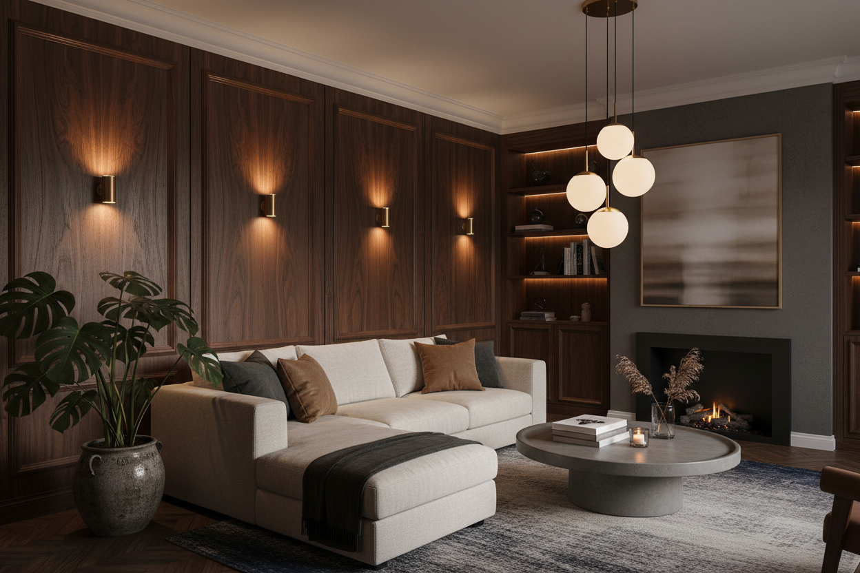 Stunning dark wood interior living room with walnut panels, charcoal walls and warm layered lighting