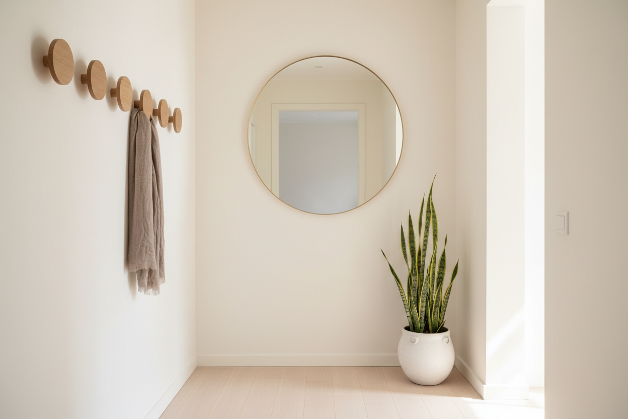 Narrow minimalist Scandinavian hallway with wall-mounted oak hooks, round mirror and clear floor space