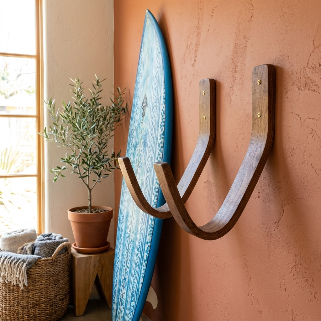 wooden surfboard holder with natural walnut grain