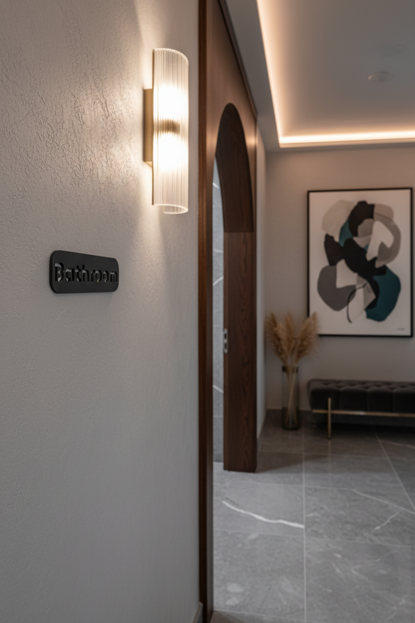Boutique hotel entrance with a sign showing where the bathrooms are