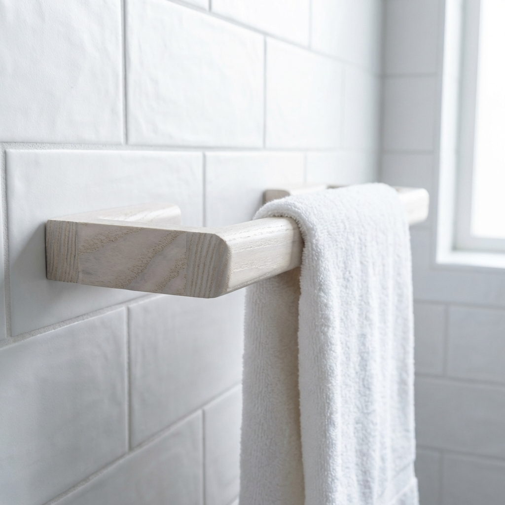 Wooden towel rack with a white towel against a tiled bathroom wall.