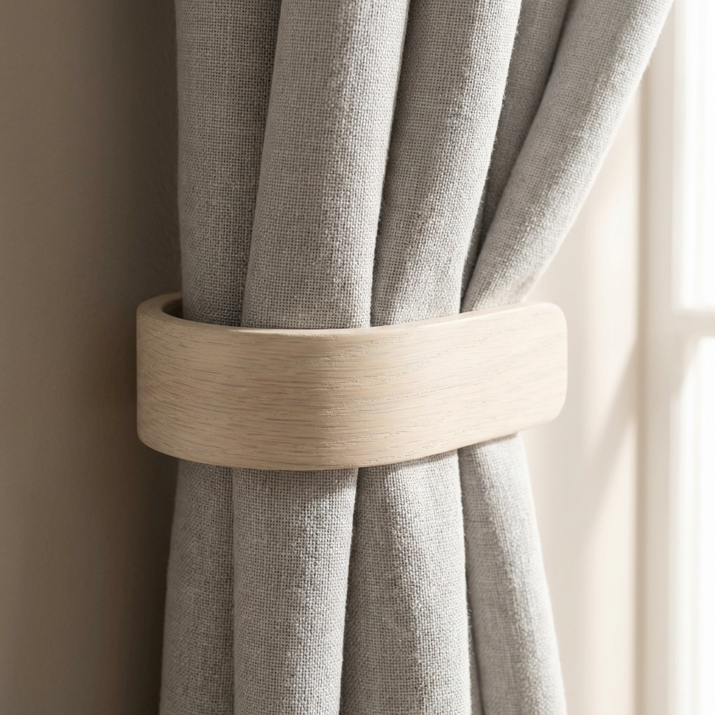 Close-up of a gray curtain with a wooden tieback against a neutral background