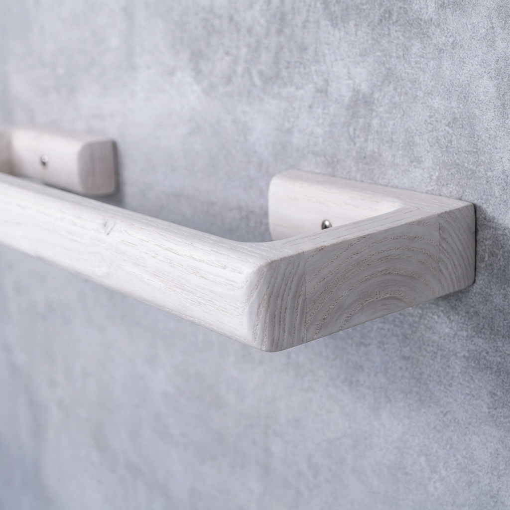 Wooden towel rack on a gray concrete wall