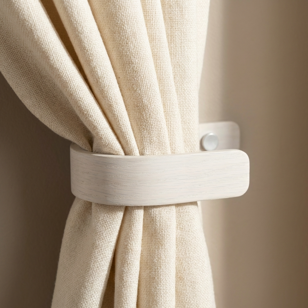 Beige curtain with a white curtain tie-back against a beige background