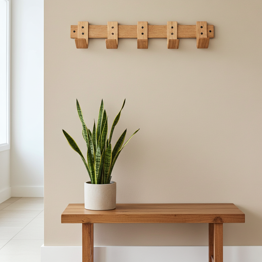 Empty oak steam-bent coat rack on white wall