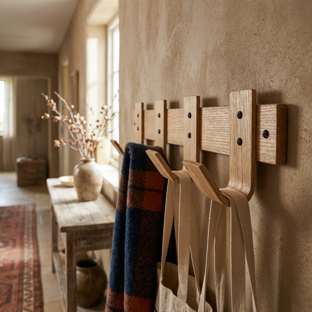 Modern entryway featuring oak coat rack