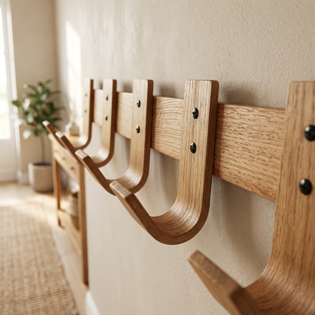Side view showing curve of steam-bent oak rack