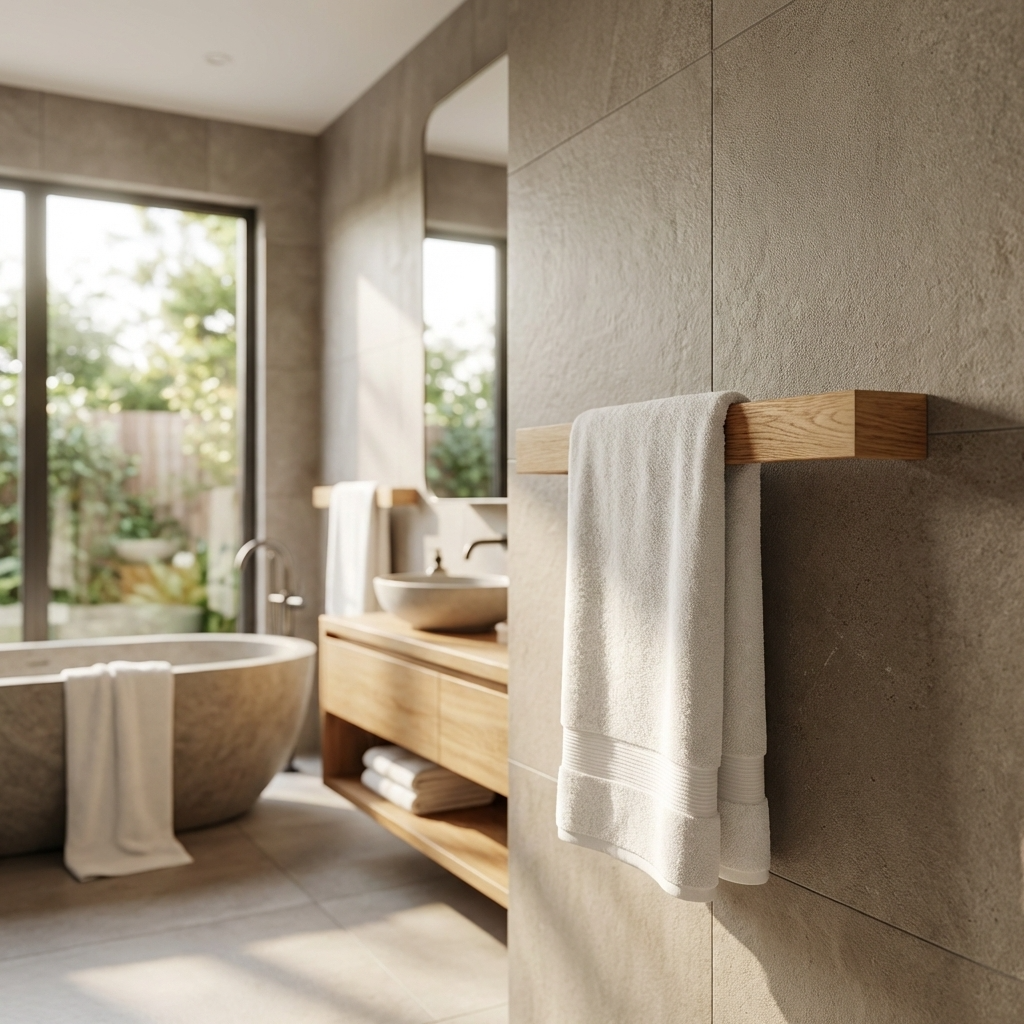 Oak towel rack installed above vanity, slimline design, luxury bathroom accessory