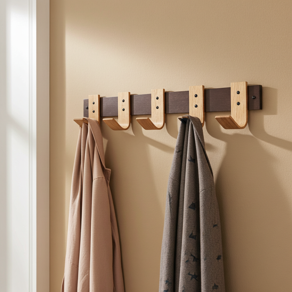 Wooden wall hooks with clothes on a beige wall