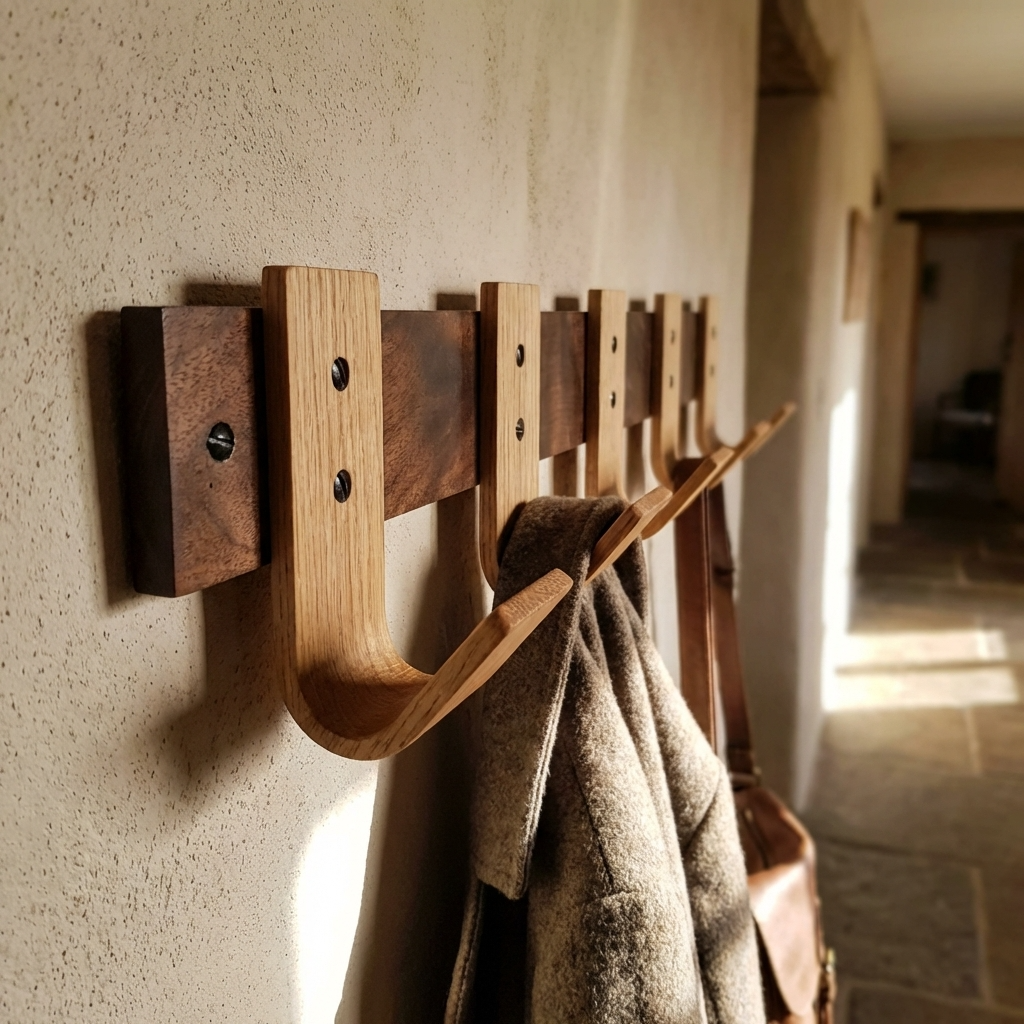 Wooden coat rack with hooks on a textured wall, with a coat and bag hanging from it.