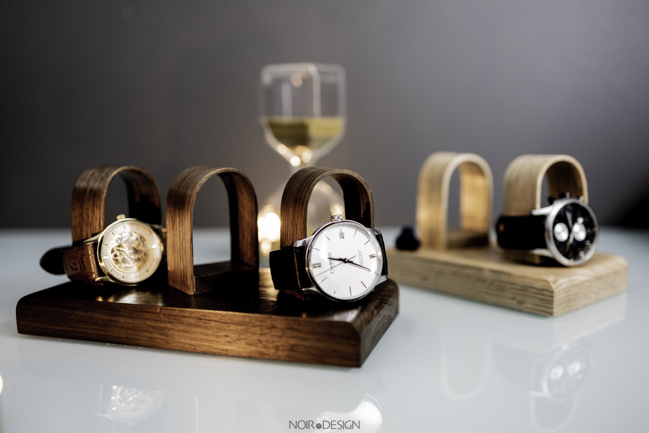 Luxury Oak Triple Watch Stand Holder - Watch Display - NOIR.DESIGN