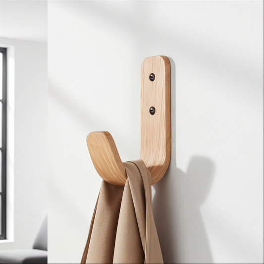 Curved oak wall hooks for entryway - handcrafted British made wooden coat hooks showing natural grain and premium finish