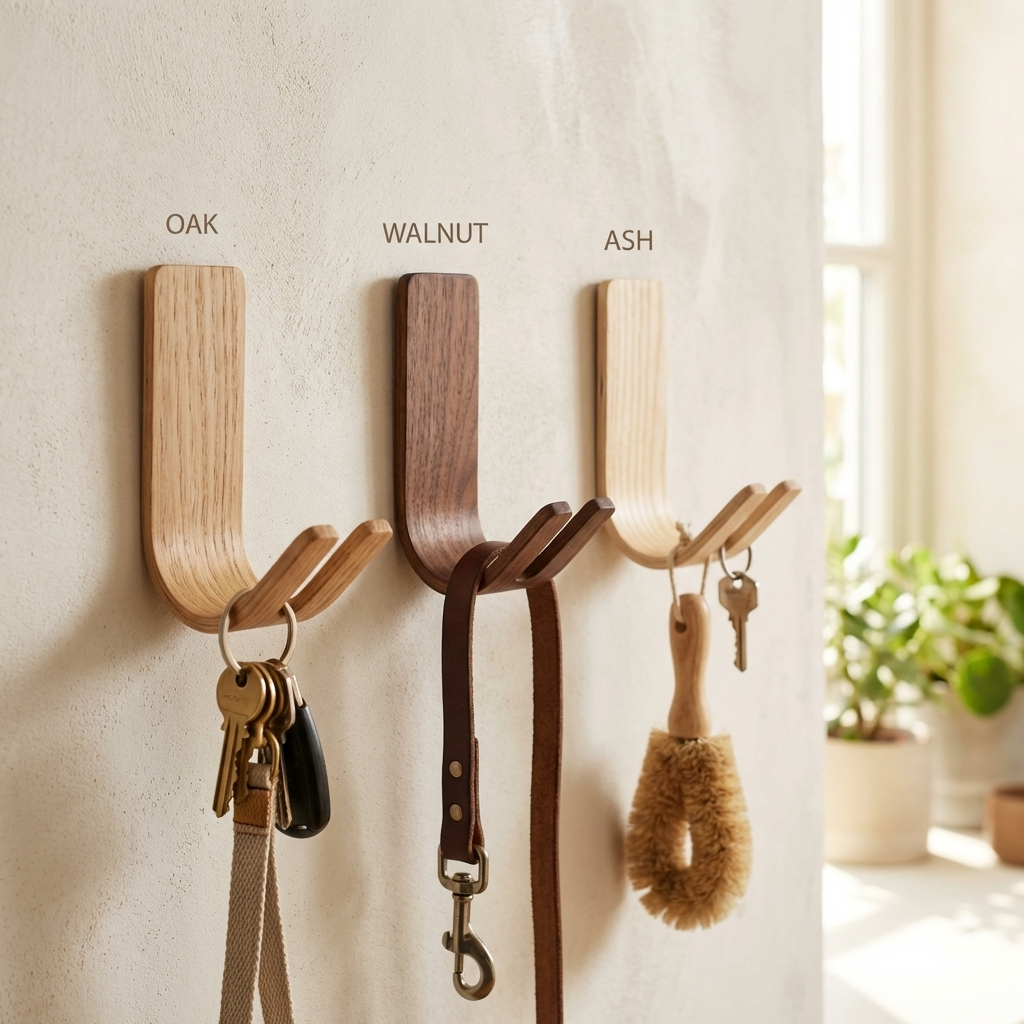 key hooks, pet leash hooks, walnut hook, oak hook, ash hook, adhesive wall hook, screw wall hook, stick-on hook, drill-free hook, entryway hook, mudroom hook, wooden wall hook, solid wood hook