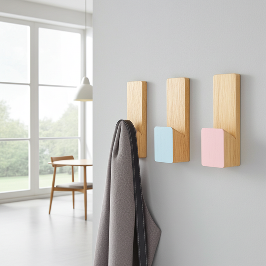 Three adhesive  wooden wall hooks with colorful ends on a gray wall in a modern room.