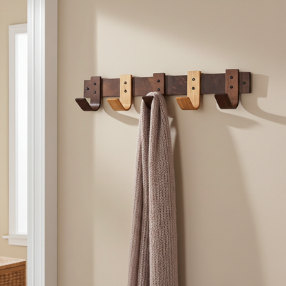 Walnut & Oak Blended Coat Rack - 5 Hook Wall Mount