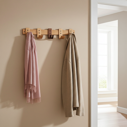 Designer Oak & Walnut Coat Rack with Key Storage - 5 Hooks