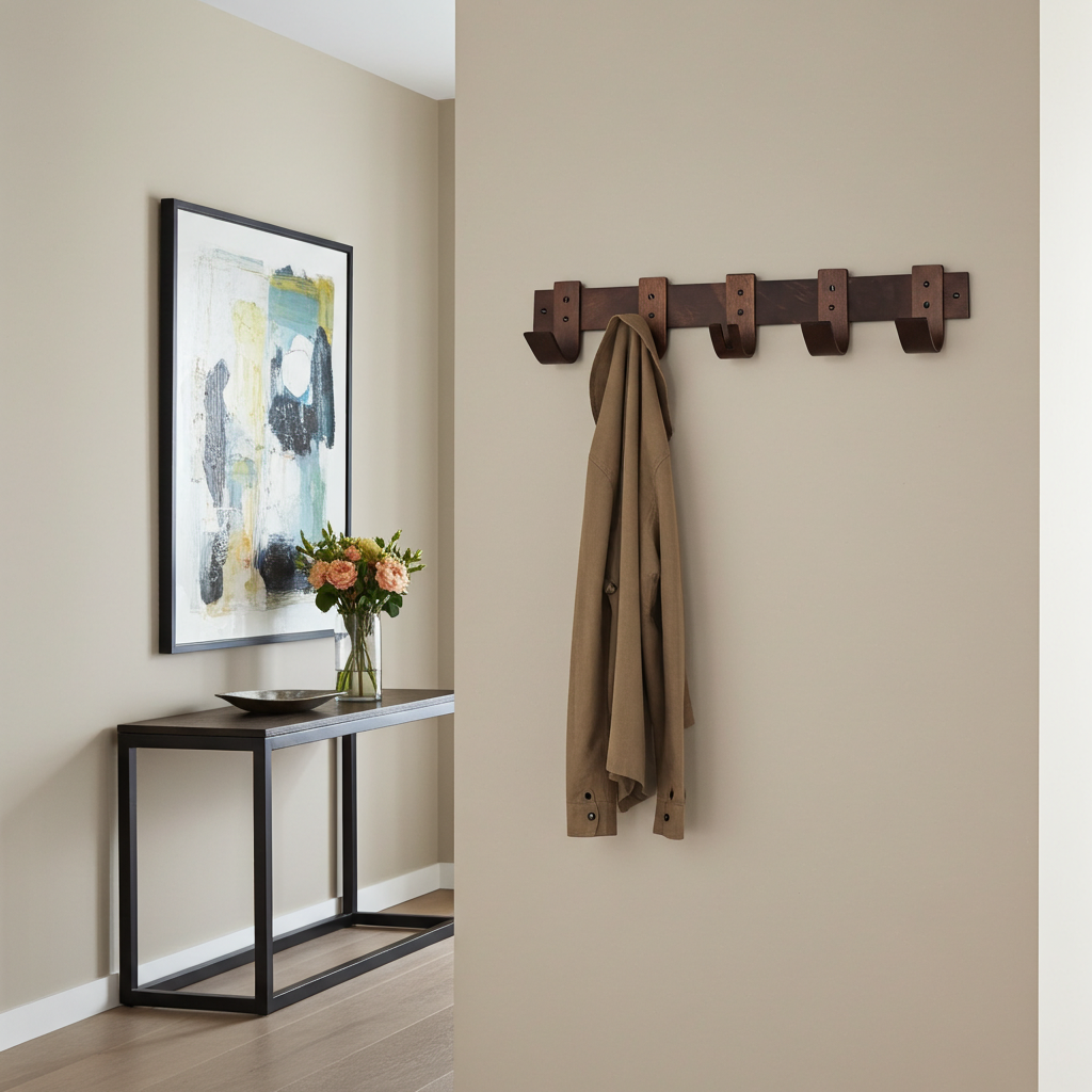 Hoodie hanging on a wall-mounted coat rack with a vase of flowers and abstract art in the background.