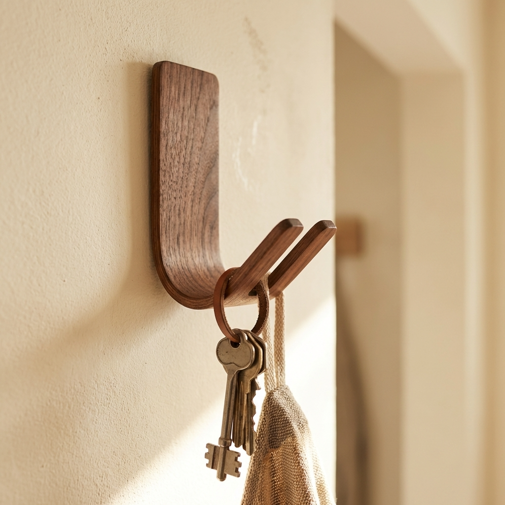 Wooden wall hook with keys and a bag on a beige wall