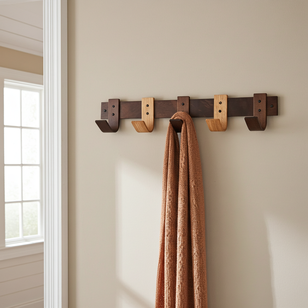 Wooden coat rack with hooks on a beige wall, with a brown scarf draped over it.