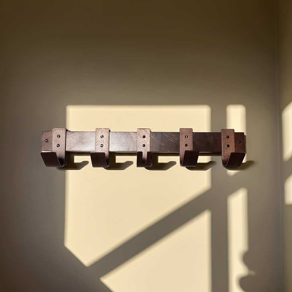 Wooden walnut coat rack with five hooks on a wall with a warm light casting shadows.