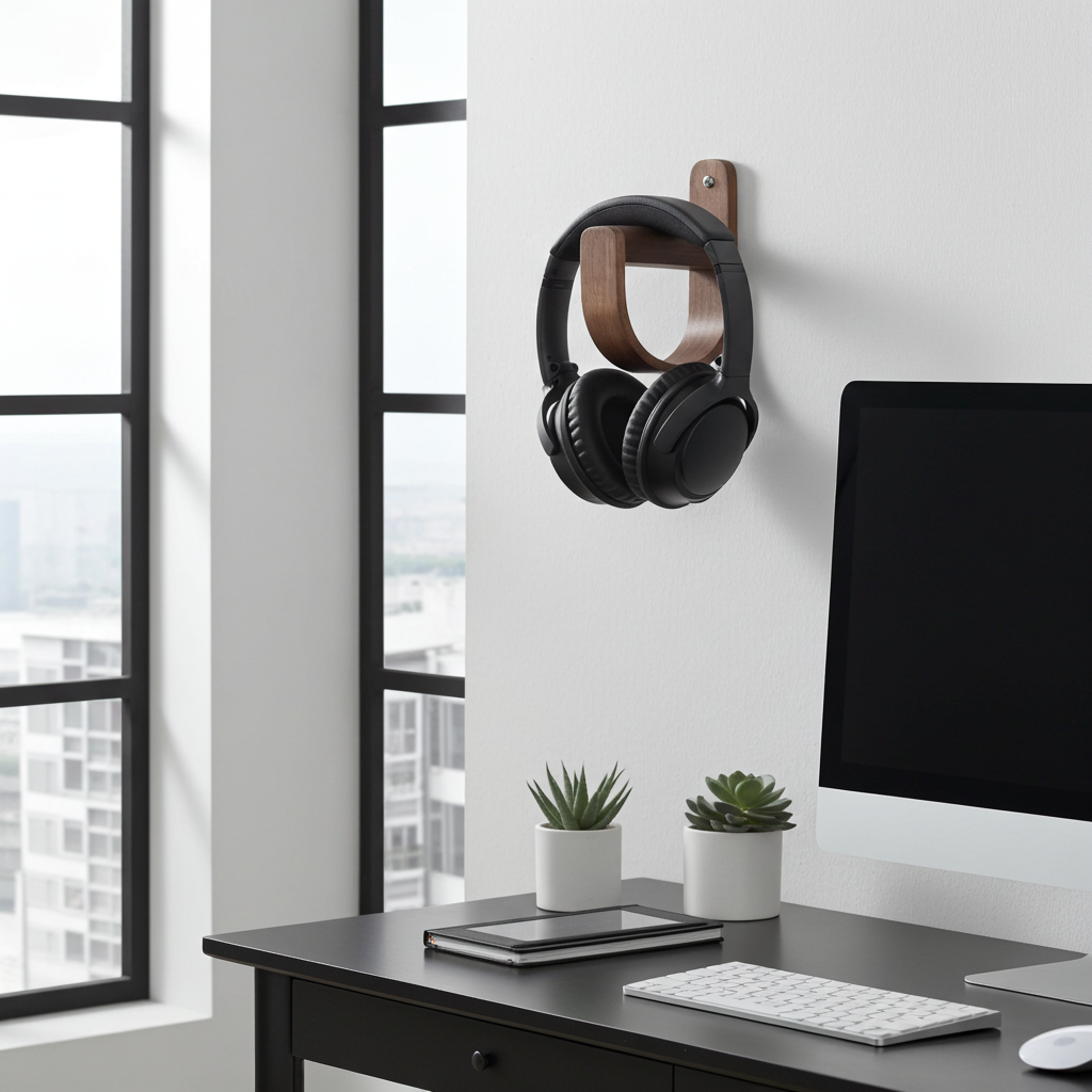 Modern office desk with computer, keyboard, and headphones on a wall-mounted rack.