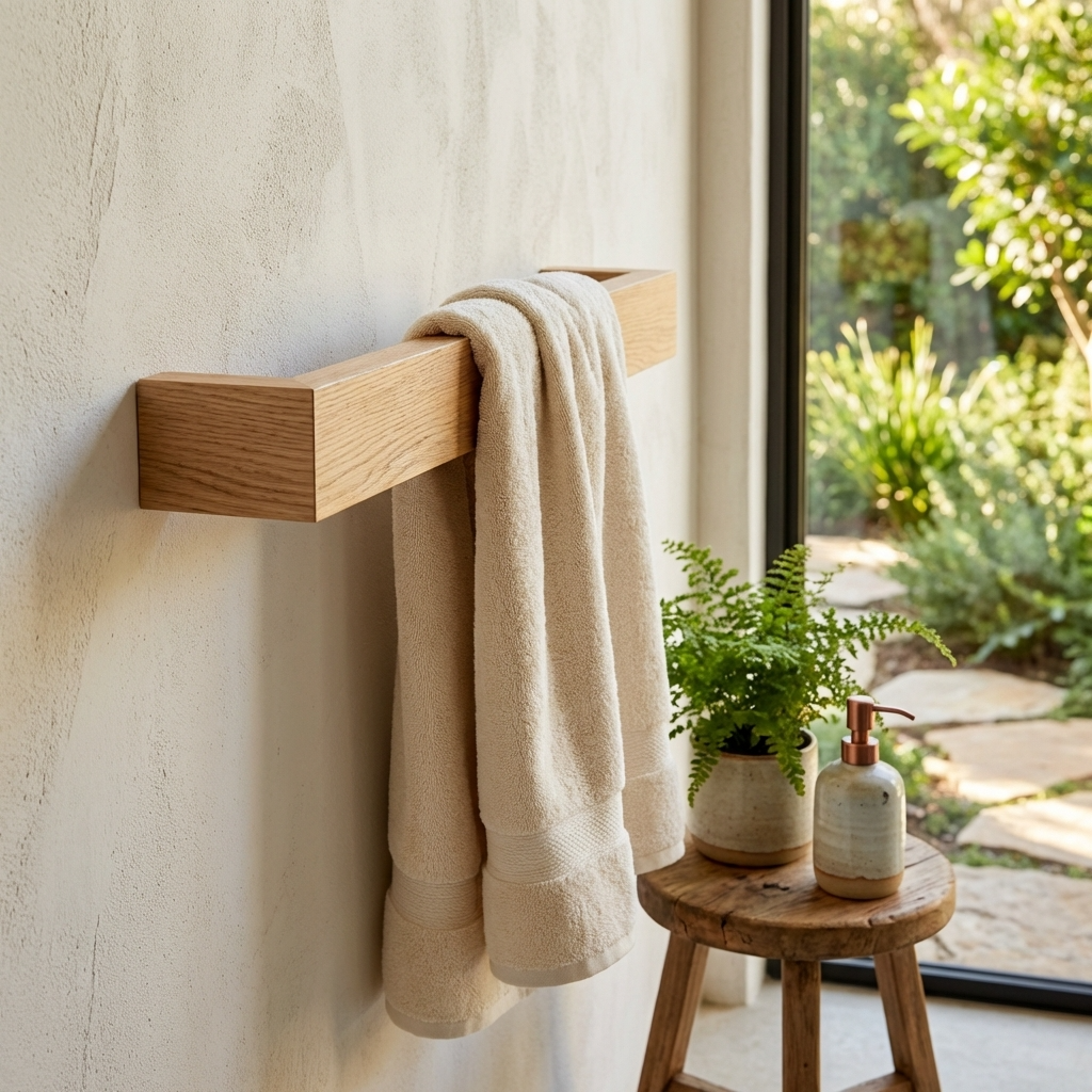 Beige towel draped over a wooden towel rack with a plant and bottle on a small wooden table in a bright room.
