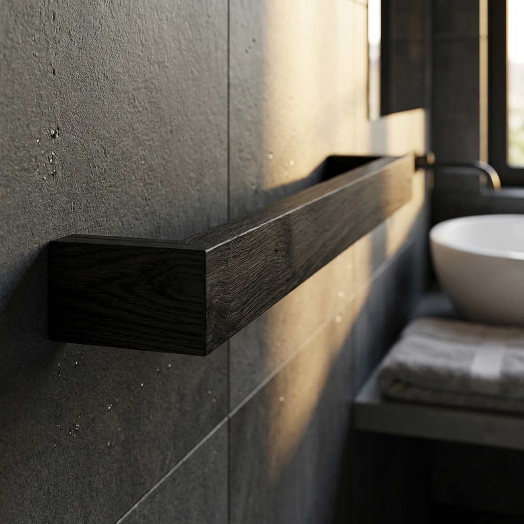 Solid ash black stained hand towel bar wall mounted bathroom setting