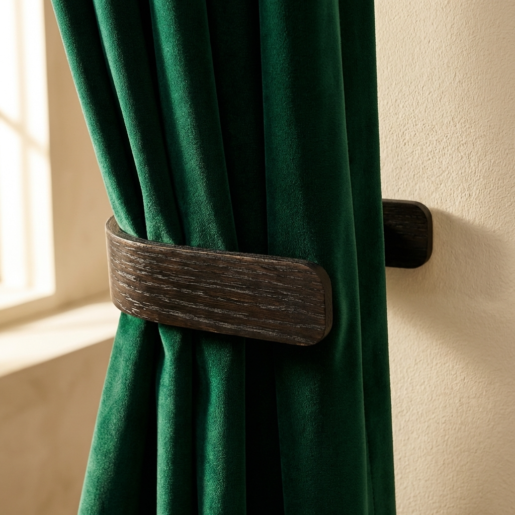Green curtain with a wooden tie-back against a neutral wall.