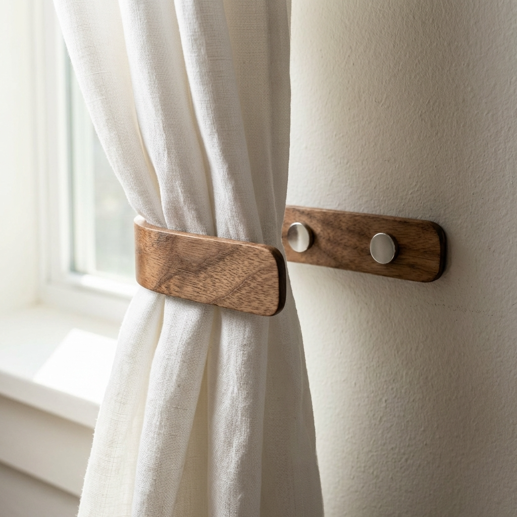 Wooden curtain tieback holding a white curtain against a neutral wall.