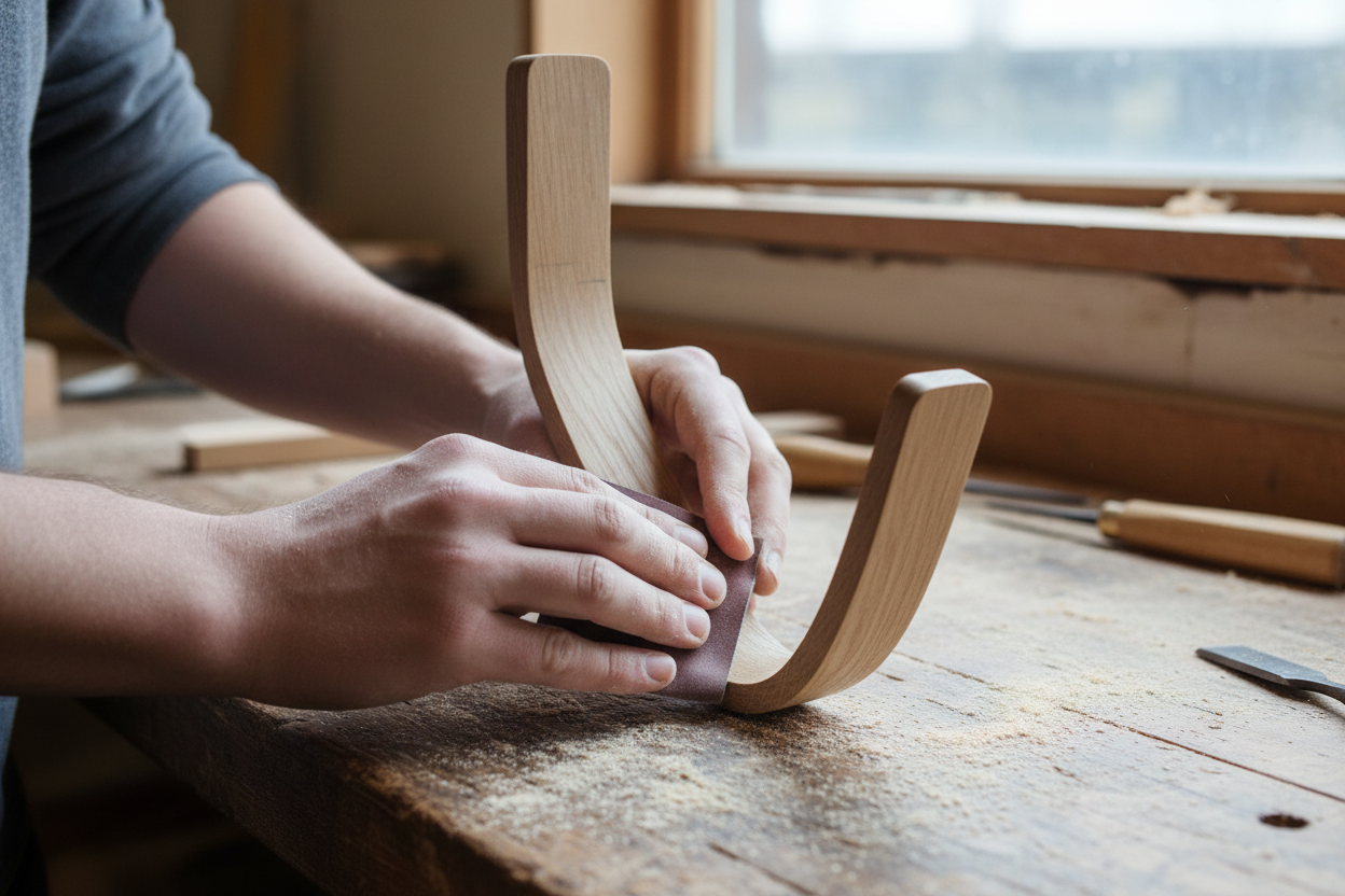 Person hand sanding the surfboard mount