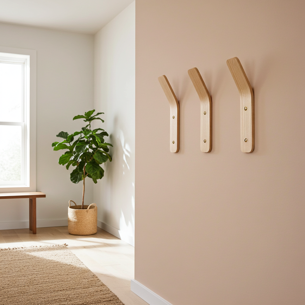 Three wooden wall hooks on a beige wall with a plant and bench in the background.