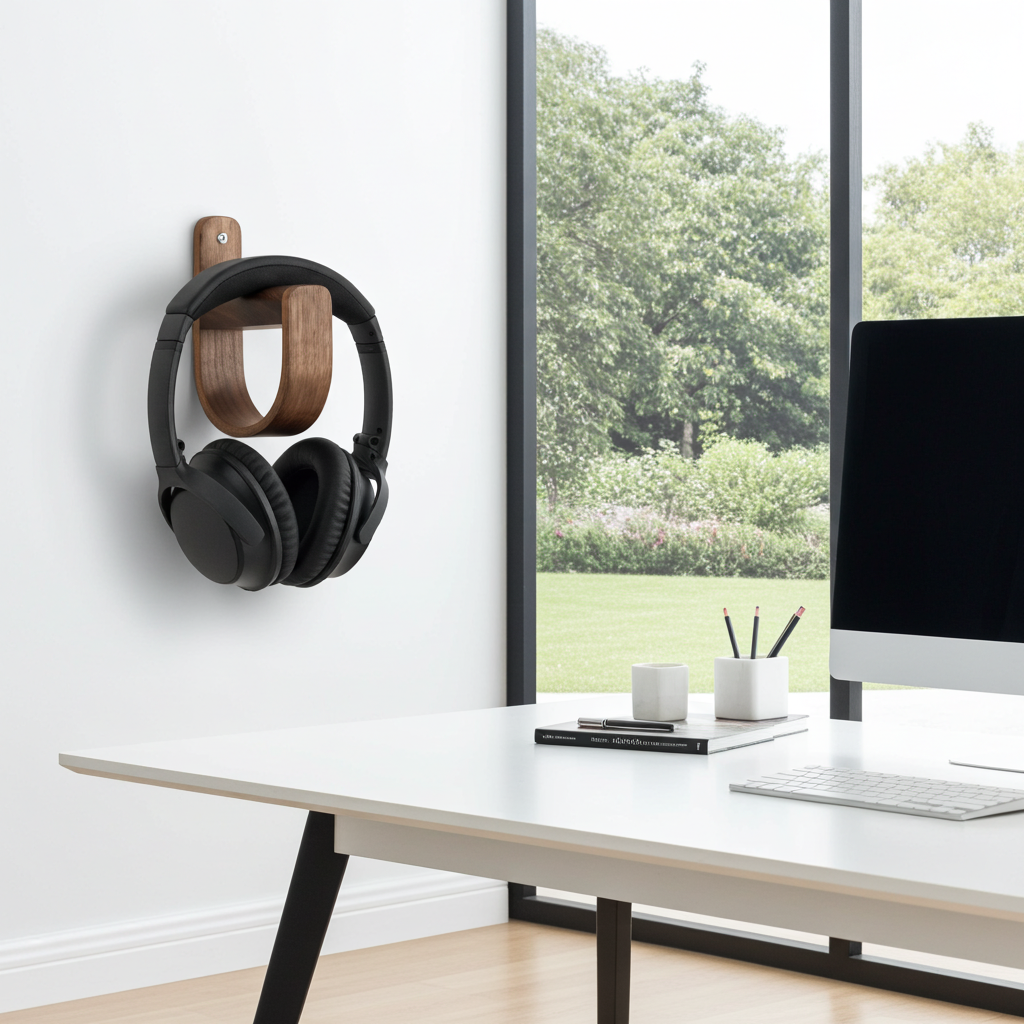 Black headphones hanging on a wooden headband holder against a white wall with a desk and computer in the background.