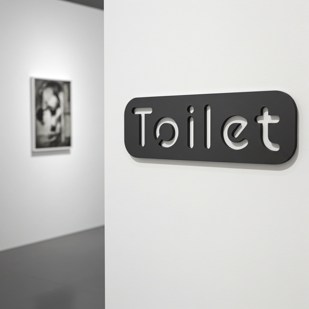 Black 'Toilet' sign on a white wall with a blurred photo in the background