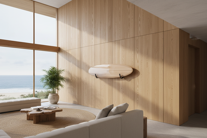 Luxury Beach House with suefboard on the wall being held by designer surfboard mounts