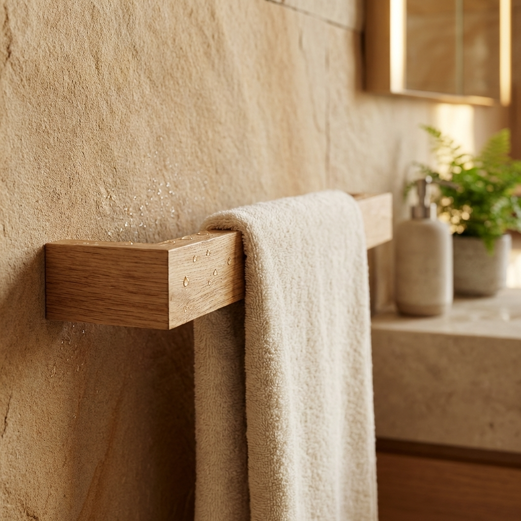 Towel hanging on a wooden towel rack against a stone wall in a bathroom.