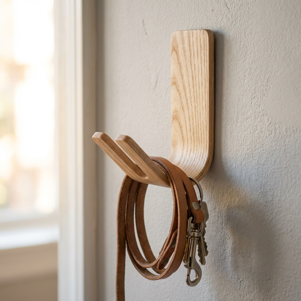 Minimalist ash wood wall hook for keys coats and dog leads