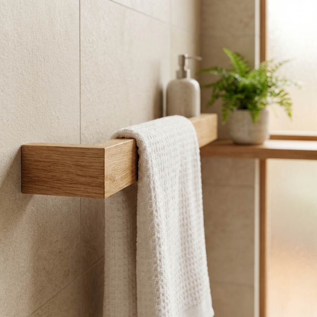 Minimalist oak towel rail with modern brass fittings in contemporary home