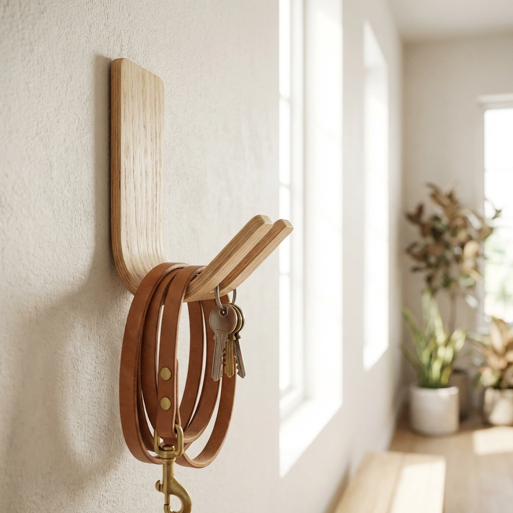 No drill ash wall hook for entryway keys and pet leash storage