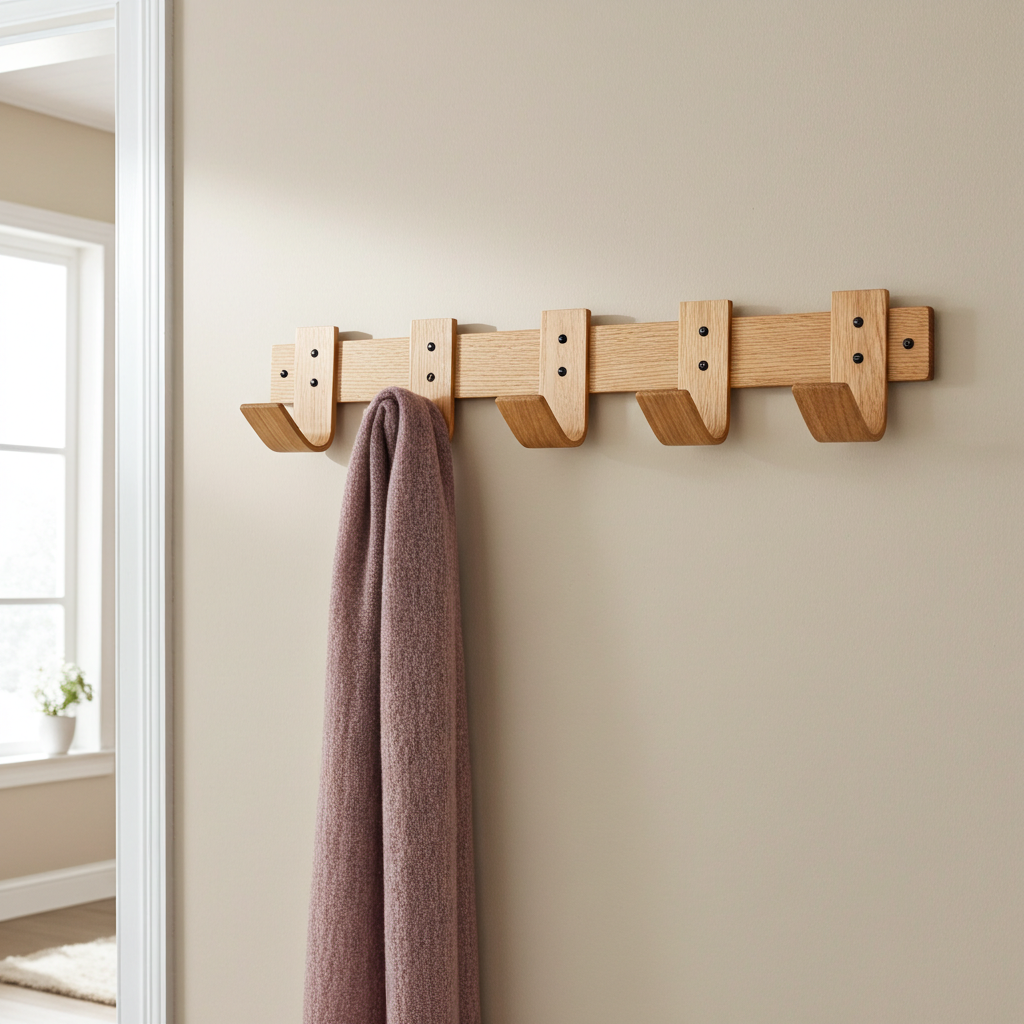 Hallway setup with oak steam-bent coat rack