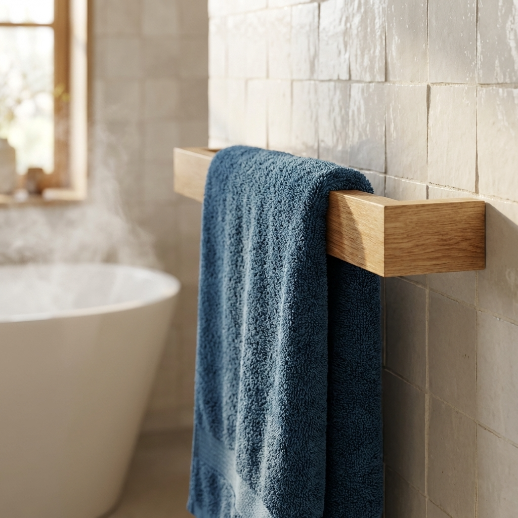 Blue towel hanging on a wooden towel rack in a bathroom.