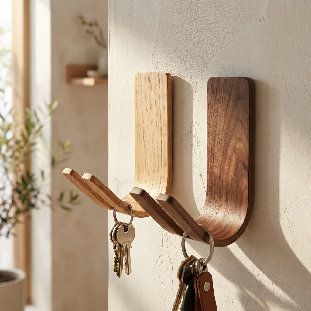 Oak - Walnut wall hook adhesive mount for dog leash and key storage