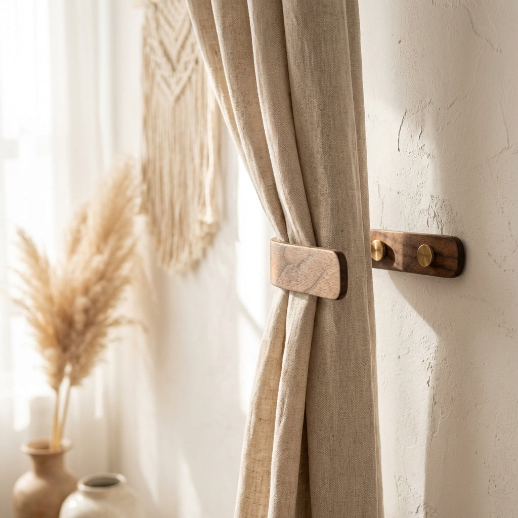 Walnut Curtain Holdbacks (Pair) – Wooden Tie Backs, Brass Fixings
