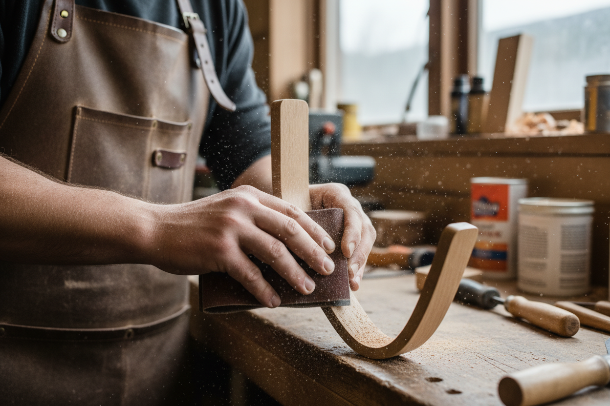 Person sanding the oak surfboard oak wall mount 