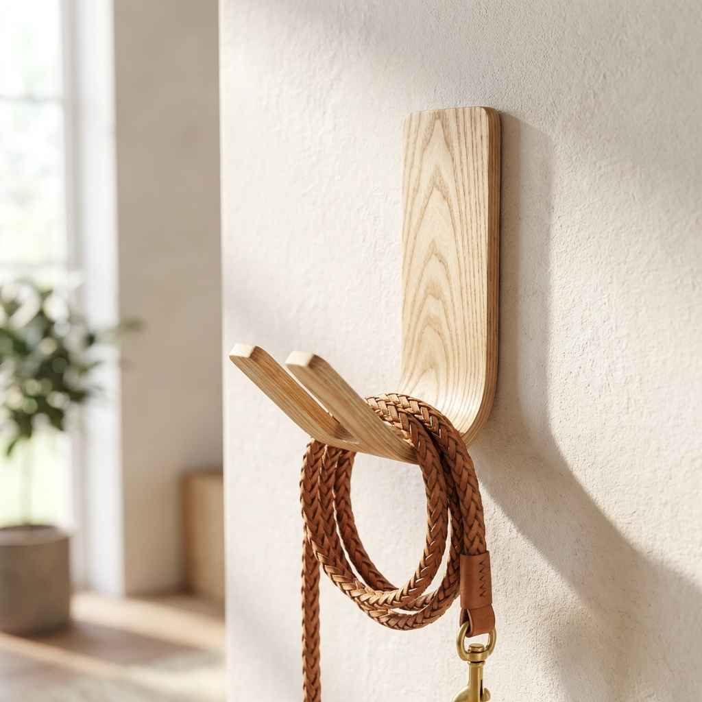Solid wood ash hook no drill wall mount for keys and pet leads
