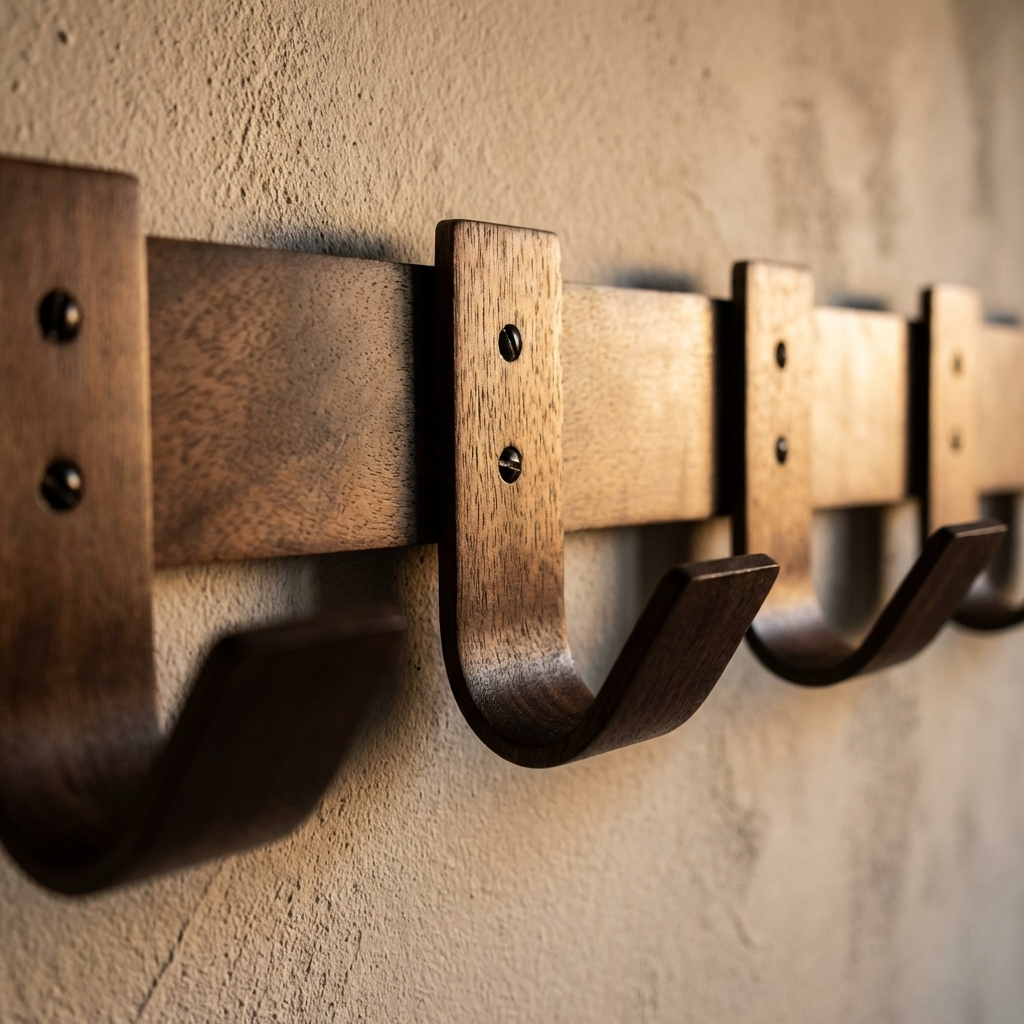 Front view of handcrafted steam-bent walnut coat rack