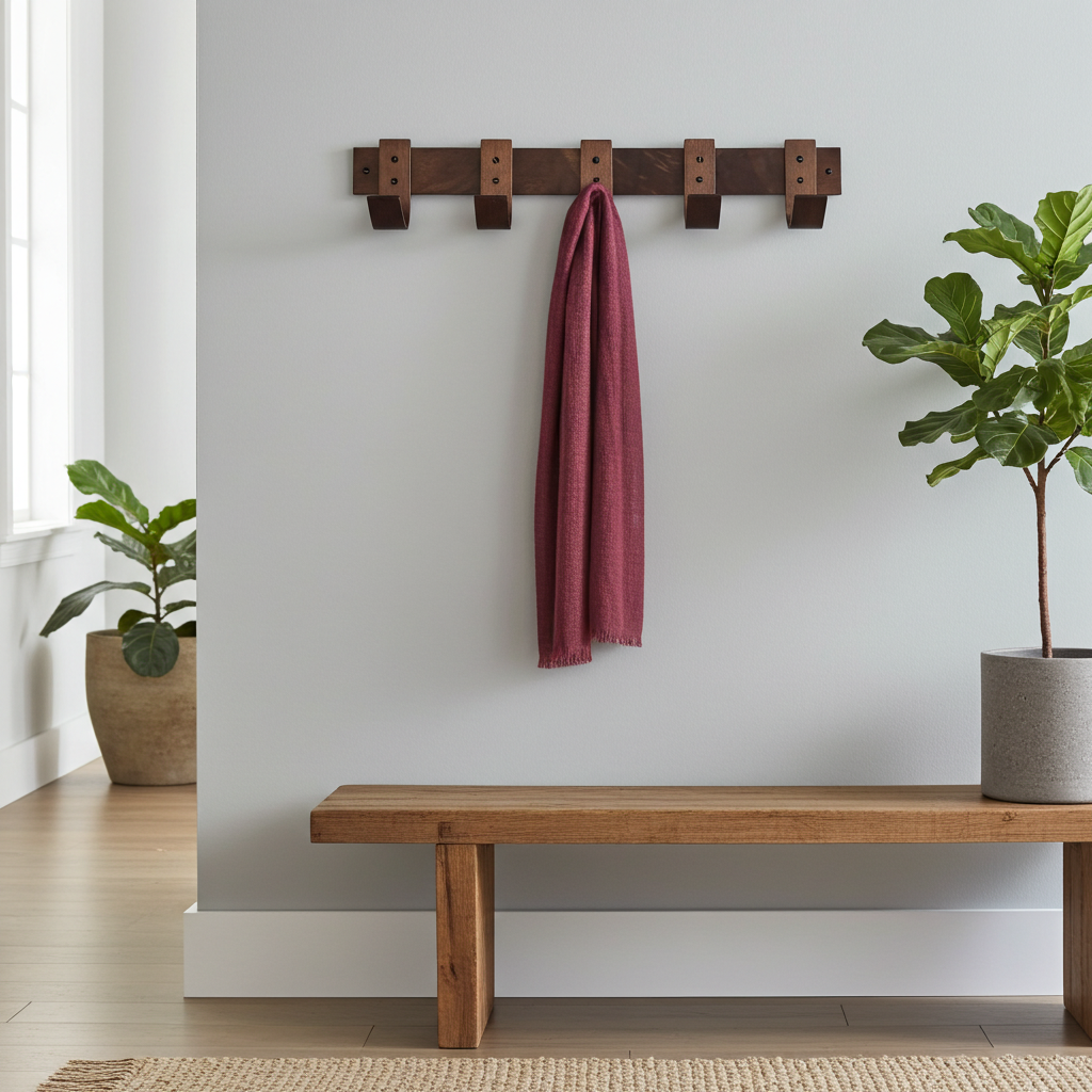Walnut coat rack in hallway with coats