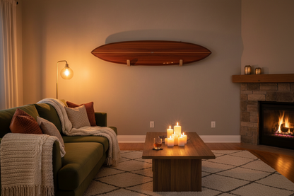 Cozy living room with a fireplace, candles on a coffee table, and a surfboard on the wall using the oak surfboard mounts