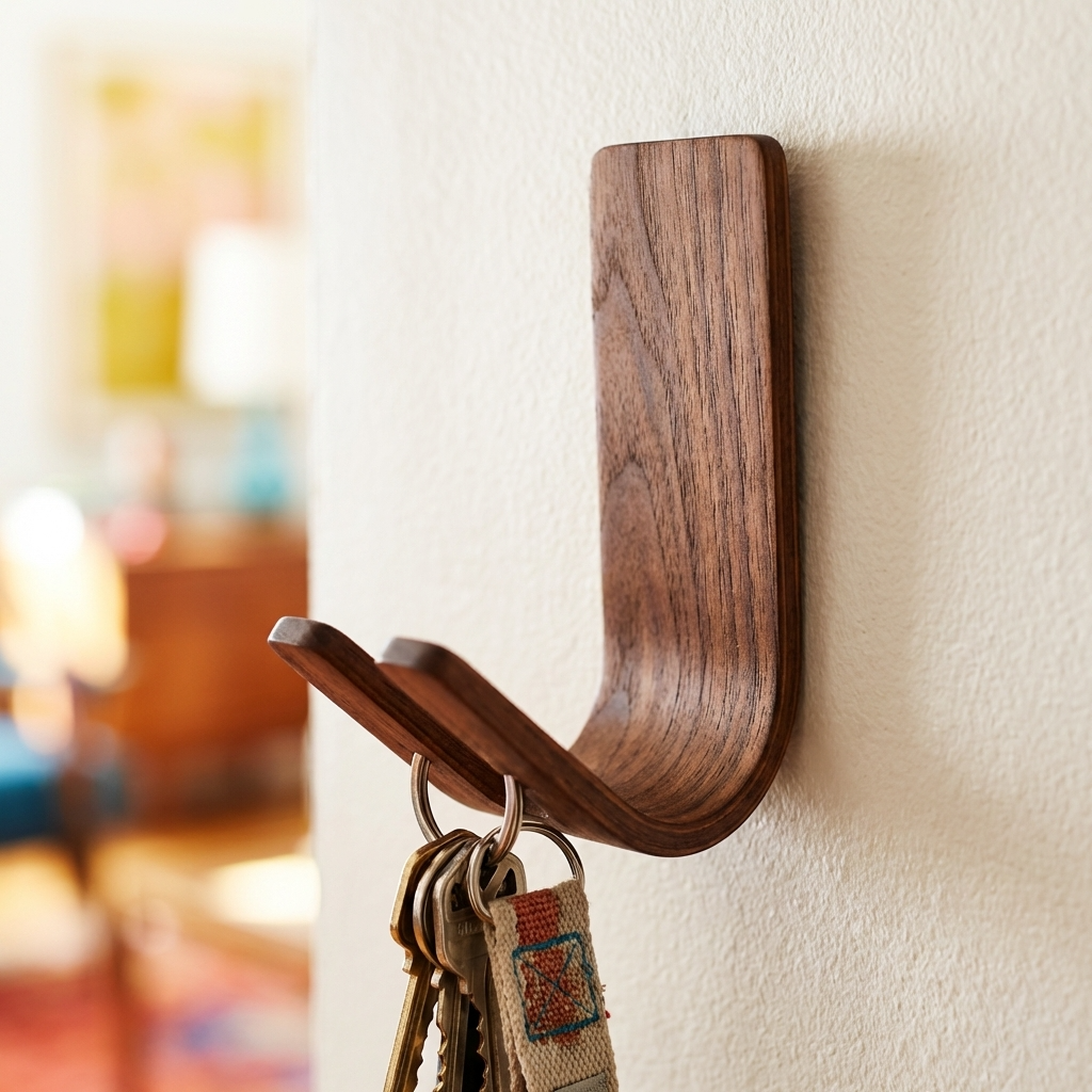 Wooden walnut adhesive hook for entryway organisation and dog leads