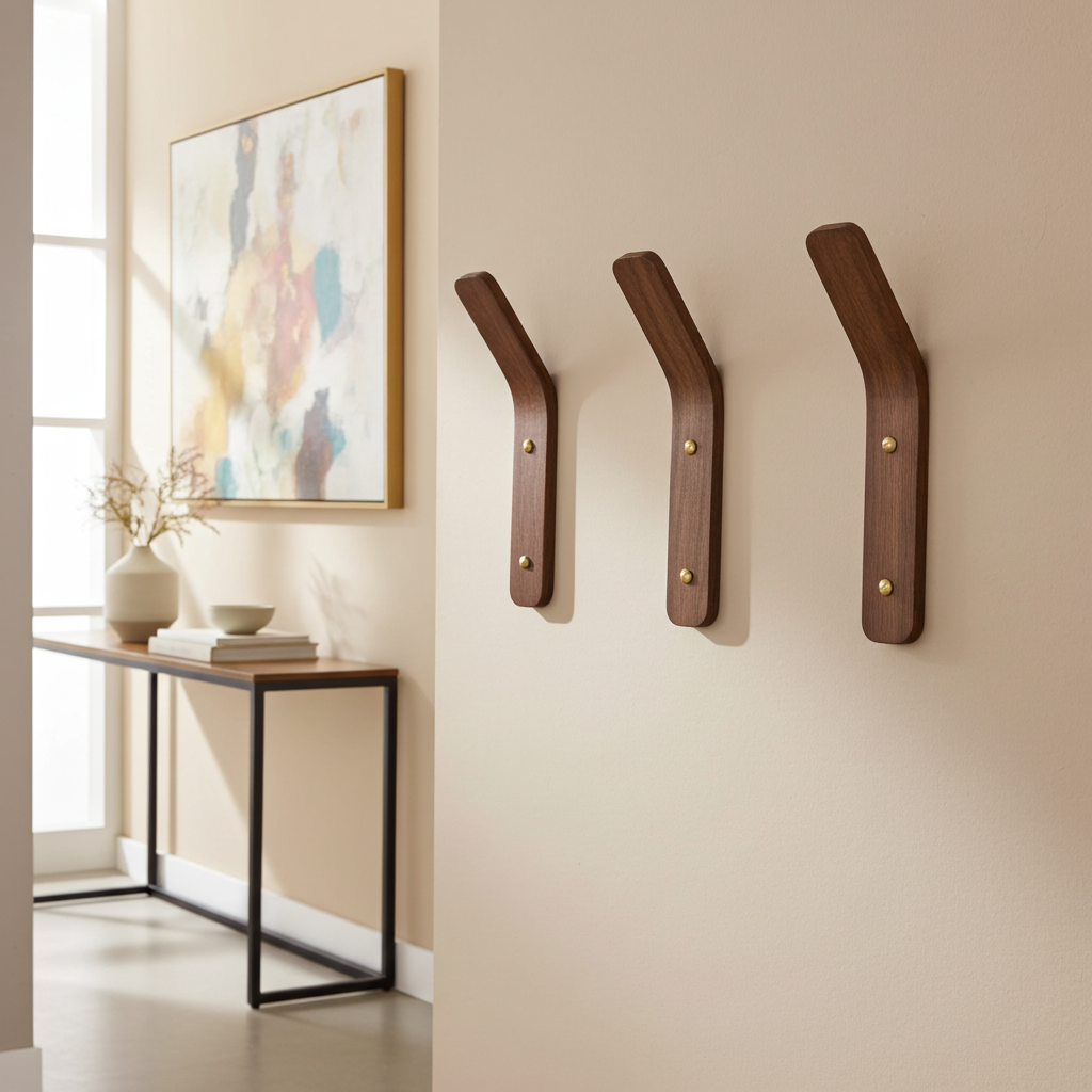 Three wooden wall hooks on a beige wall with a colorful abstract painting and a small table in the corner.