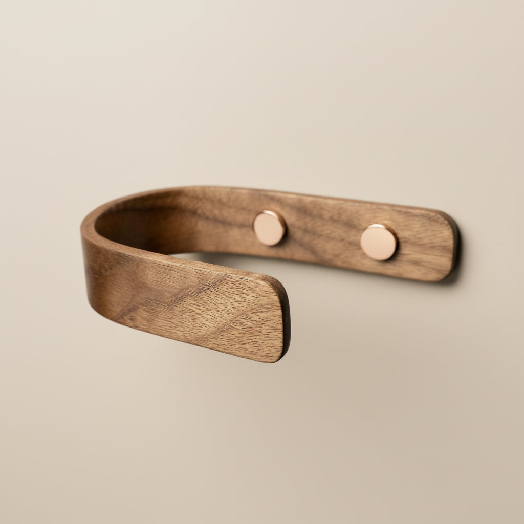 Designer walnut curtain holdbacks, tie backs with copper, by noir.design